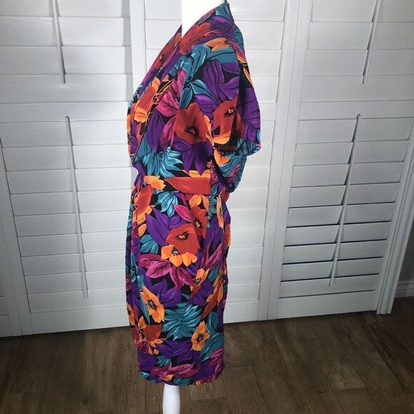 Vintage 80's Tess Dress S Bright Floral Print Blouson Turquoise Purple Sheath - Picture 11 of 12